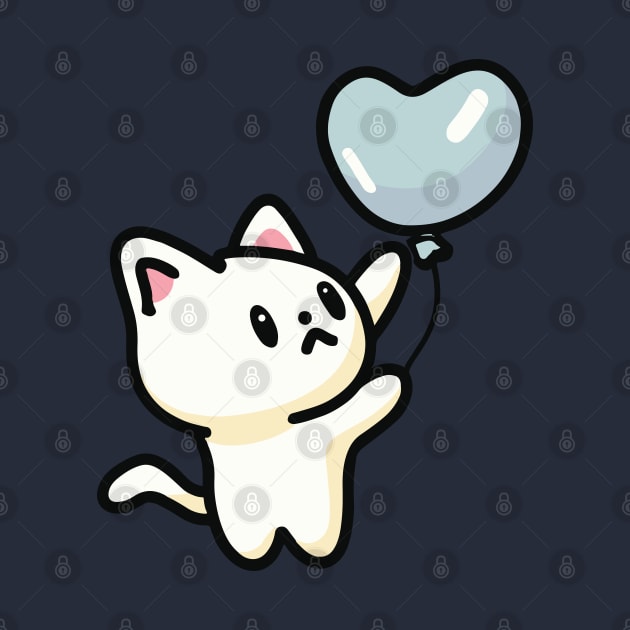 Cute Cat Holding Heart Shaped Blue Balloon by Kawaii Bomb