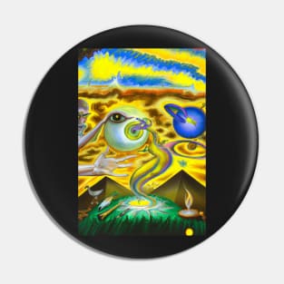 Surrealist painting with pyramids and eyes in yellow and blue man reaching for God Pin