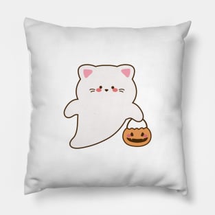 cute cat ghost holds a pumpkin basket Pillow