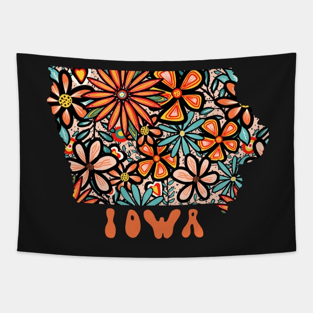 Iowa State Design | Artist Designed Illustration Featuring Iowa State Outline Filled With Retro Flowers with Retro Hand-Lettering Tapestry by MarcyBrennanArt