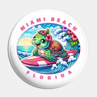 Miami Beach Florida Girls Cute Surfing Sea Turtle Pin