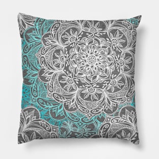 Turquoise & White Mandalas on Grey Pillow