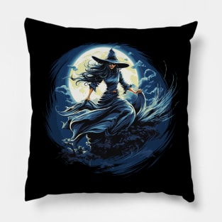 Blue Witch on a Dark Halloween Night Pillow