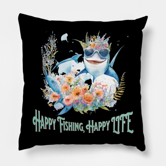happy fishing happy life Pillow by Happysoo Art 