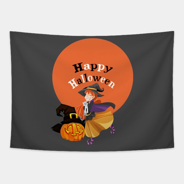 Happy Halloween Witch and Pumpkin Tapestry by TigsArts