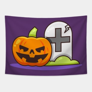 Cute Pumpkin with Tombstone Tapestry