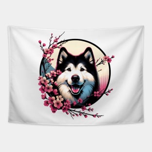 Yakutian Laika Joy in Spring with Cherry Blossoms and Flowers Tapestry