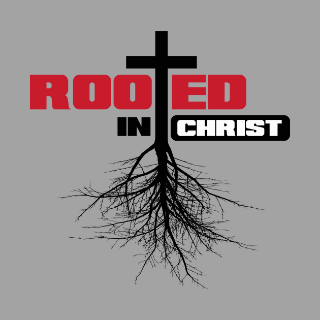 Rooted in Christ with a cross and black text by Selah Shop