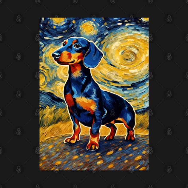 Cute Dachshund Painting Dog Breed in a Van Gogh Starry Night Art Style by Art-Jiyuu