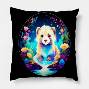 Cute Ferret with Floral Elements in Watercolor art Pillow