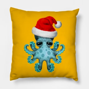 Blue Baby Octopus Wearing a Santa Hat Pillow