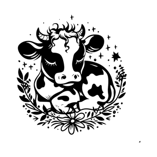 Adorable Sleepy Cow with Stars and Flowers T-Shirt