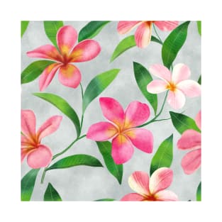 Tropical plumeria flowers and leaves watercolor seamless pattern. Exotic pink flowers composition. Colorful floral summer arrangement on textural background T-Shirt