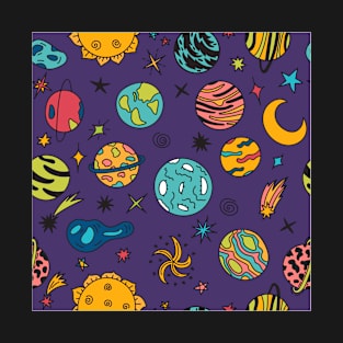 Cartoon Galaxy With Comets Asteroids Stars And Planets T-Shirt