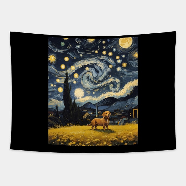 Starry Night Dachshund  Dog , Van Gogh Dachshund Art Tapestry by VisionDesigner