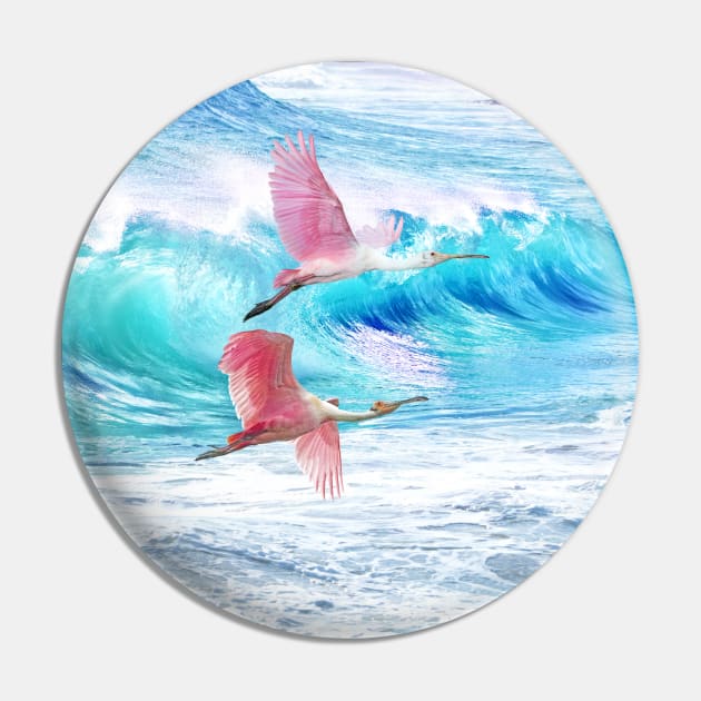 Roseate Spoonbills Flying at the Ocean Pin by lauradyoung