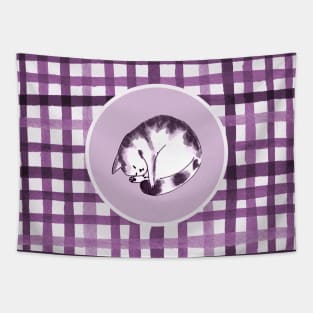 Plaid cat in purple palette Tapestry