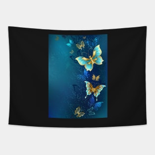 Golden Butterflies on a Blue Background Tapestry