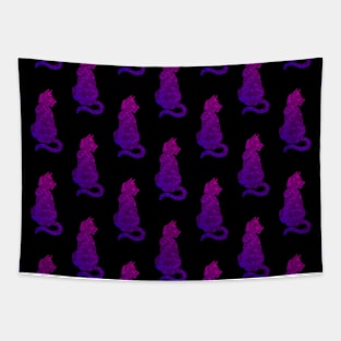 Purple Mandala Cats on Black Pattern Tapestry