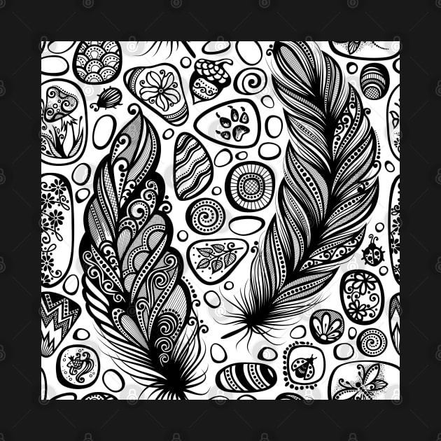 Monochrome Seamless Pattern with Sea Pebbles and Feathers by lissantee