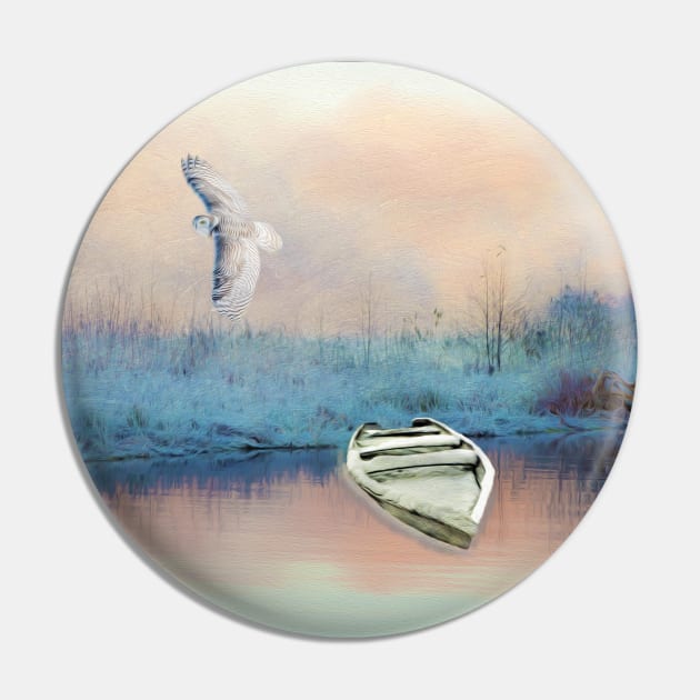 Snowy Owl in Flight Pin by lauradyoung