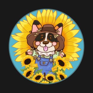 Tri Color Corgi Scarecrow in the Sunflower Field T-Shirt