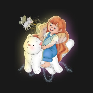 Little Girl Flying With White Cat T-Shirt