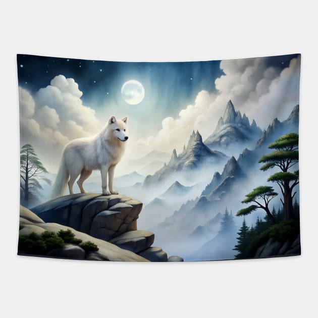 White Wolf Hunting Ground, Winter Mountain Wild Icy Moon, Forest, Galaxy Beautiful gifts Novelty Animal Pattern Fashion T-Shirt Tapestry by sofiartmedia