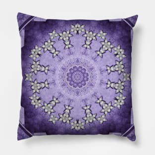 Silver flowers on deep purple textured mandala disc Pillow