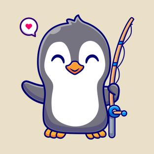 Cute Penguin With Fishing Rod Cartoon T-Shirt