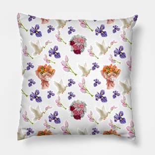Bouquet flowers, flying white dove and blooming flowers Pillow