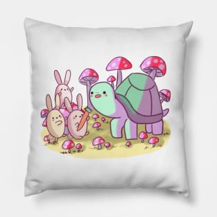 Cute bunnies and turtle with mushrooms Pillow