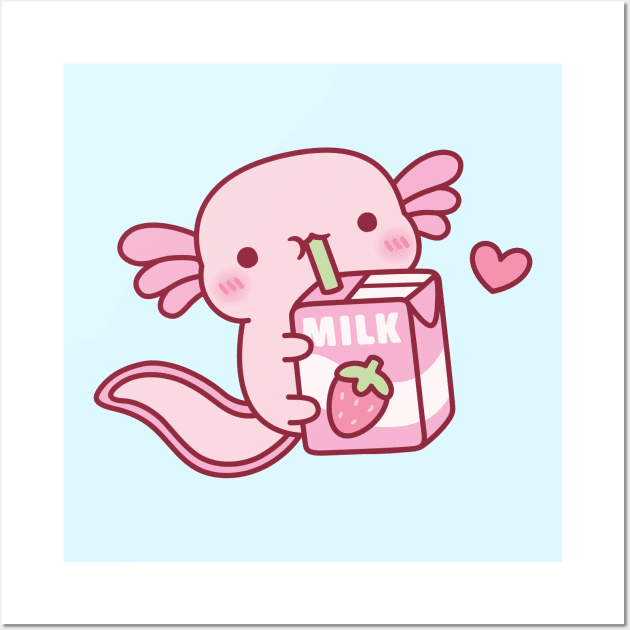 Cute Axolotl Drinking Strawberry Milk