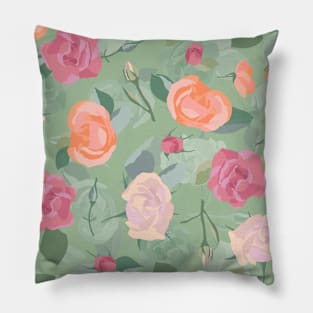 Blended Floral Roses in Orange Fuchsia and Green Pillow