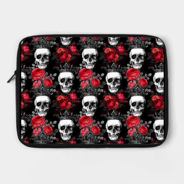 Skulls Crowns And Faded Red Roses On A Dark Black Background Skull Crowns Laptop Case Teepublic