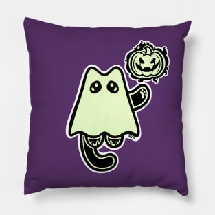 Little Ghost Cat with a Jack O' Lantern Pillow