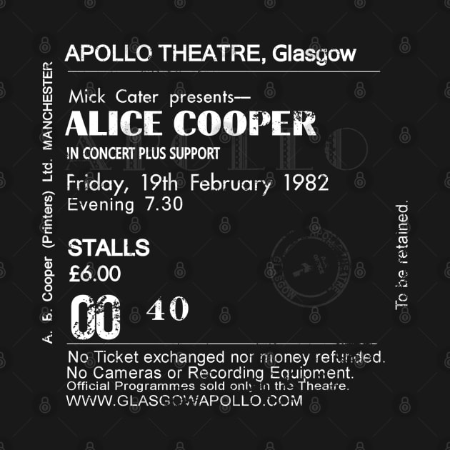 Alice Cooper 19th of February 1982 Glasgow Apollo UK Tour Ticket Repro by RockitTees