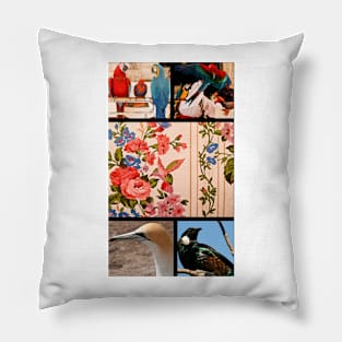 floral and bird collage Pillow