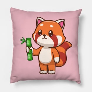 Cute Red Panda Holding Bamboo Cartoon Pillow