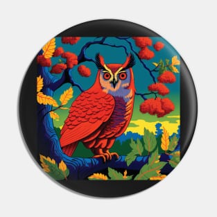 Red Owl In Japanese Printing Style Pin