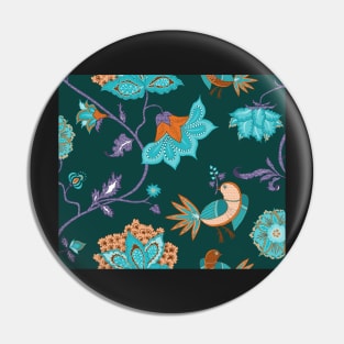 Exotic chintz with bird - teal Pin