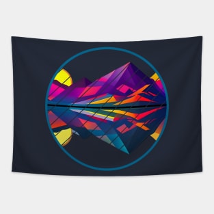Synthwave Mountains: Cubist Geometric Lake and Mountain Sunset Tapestry