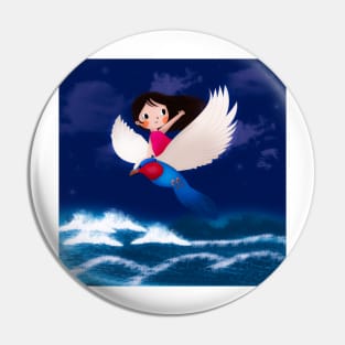 Girl and Bird Soaring Over Ocean Waves Pin