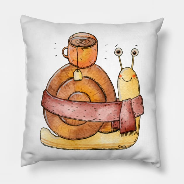 Cozy Snail Tea Pillow by Tania Tania