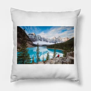 Man Sitting Near Moraine Lake Banff National Park Pillow