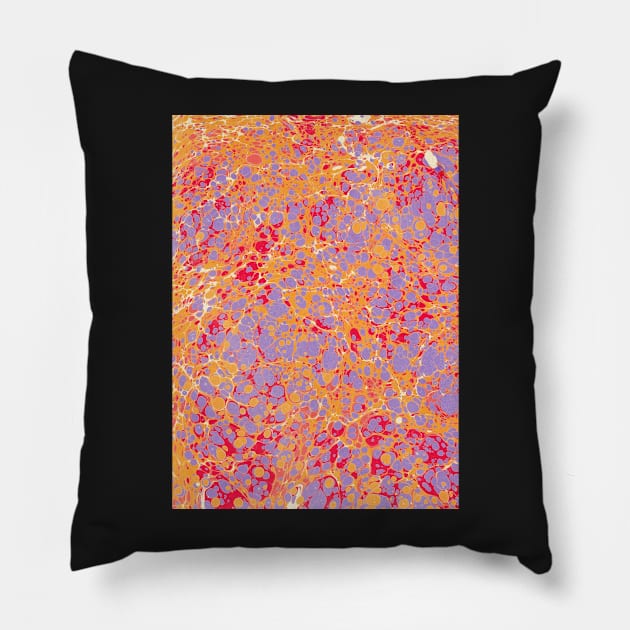 Marbled paper red orange lilac purple Pillow by kittyvdheuvel