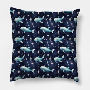 Illustrated Whale in Space Surrounded by Stars Pillow