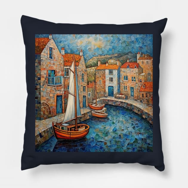 Mousehole Mosaic Folk Art Scene Pillow by EpicFoxArt