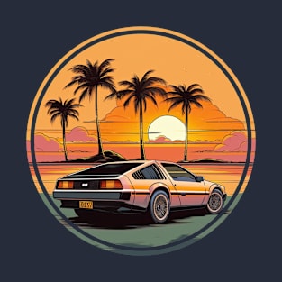 DeLorean inspired car Sunset Palm Trees back T-Shirt