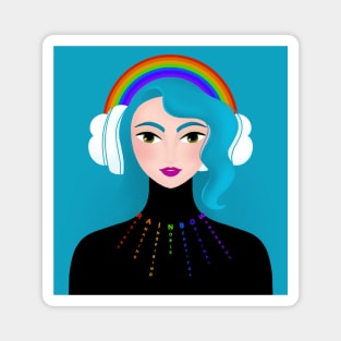 Rainbow girl with blue hair and headphones Magnet